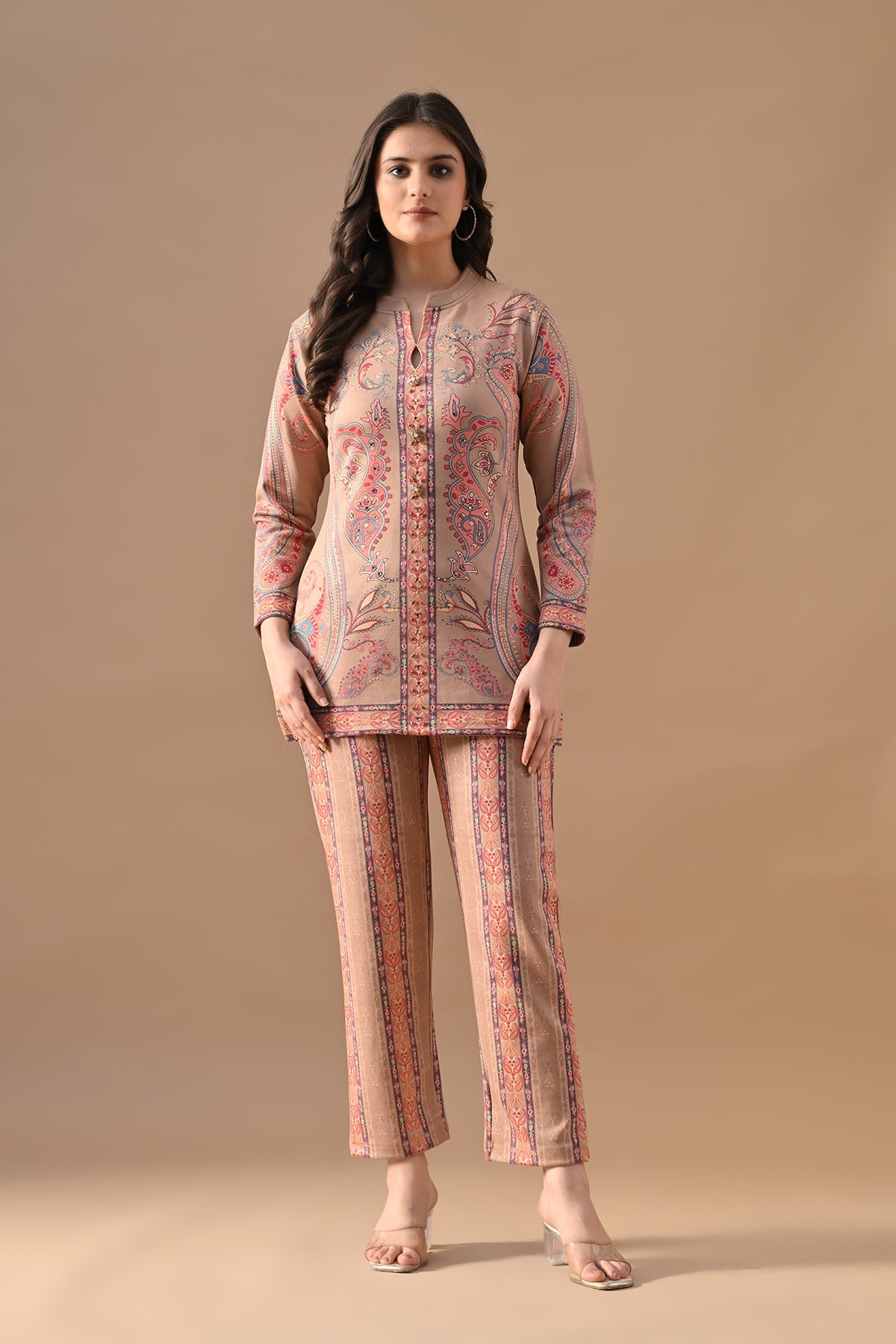 Winter Beige Printed Stone Embellish Woven Co-Ord Set
