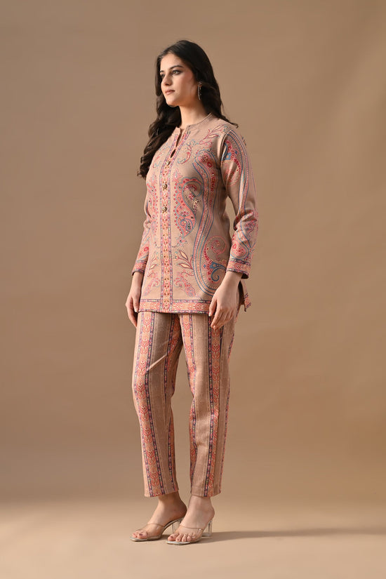 Winter Beige Printed Stone Embellish Woven Co-Ord Set