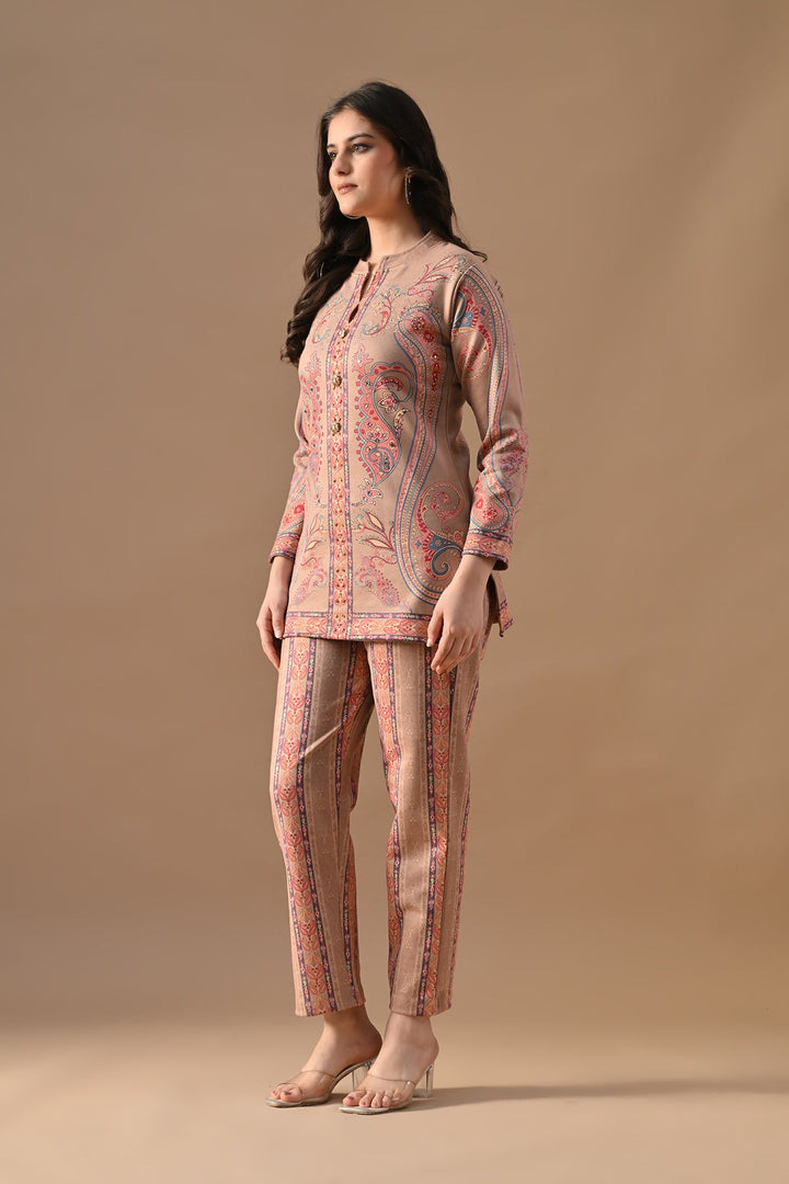 Winter Beige Printed Stone Embellish Woven Co-Ord Set