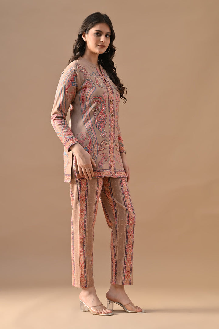 Winter Beige Printed Stone Embellish Woven Co-Ord Set