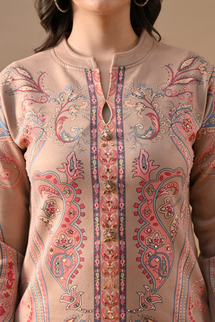 Winter Beige Printed Stone Embellish Woven Co-Ord Set