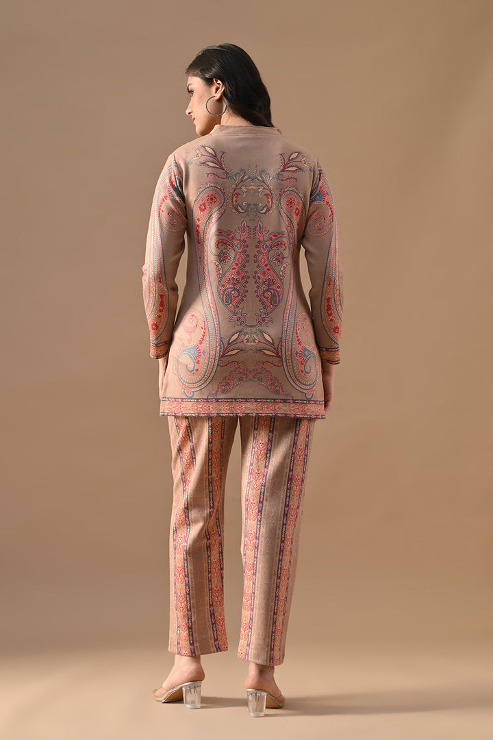 Winter Beige Printed Stone Embellish Woven Co-Ord Set