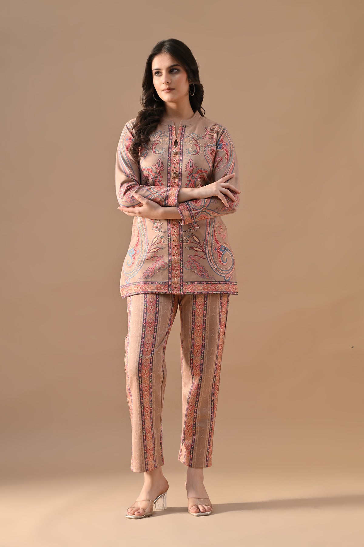 Winter Beige Printed Stone Embellish Woven Co-Ord Set