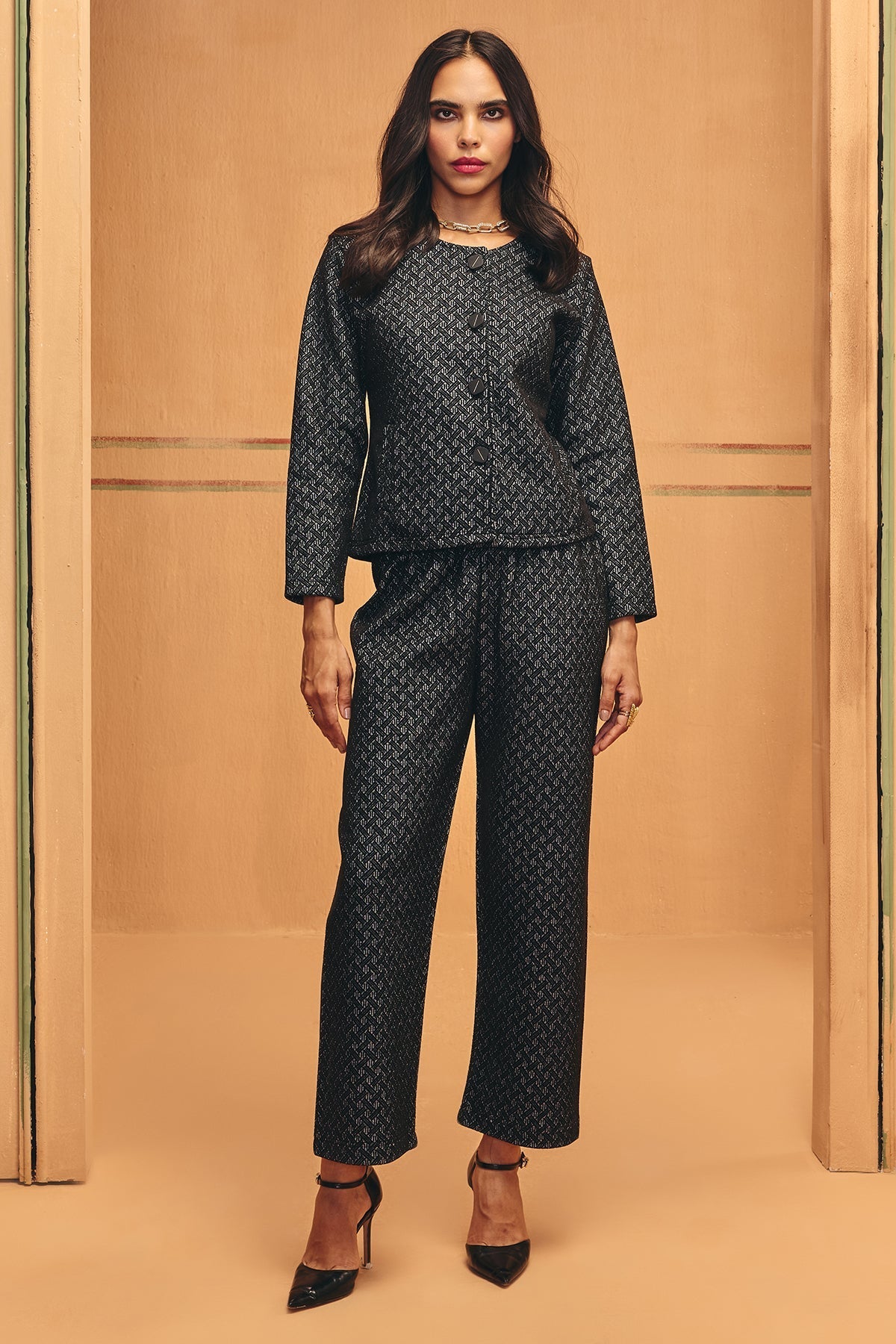 Winter Black Ethnic Motifs Woven Co-Ord Set