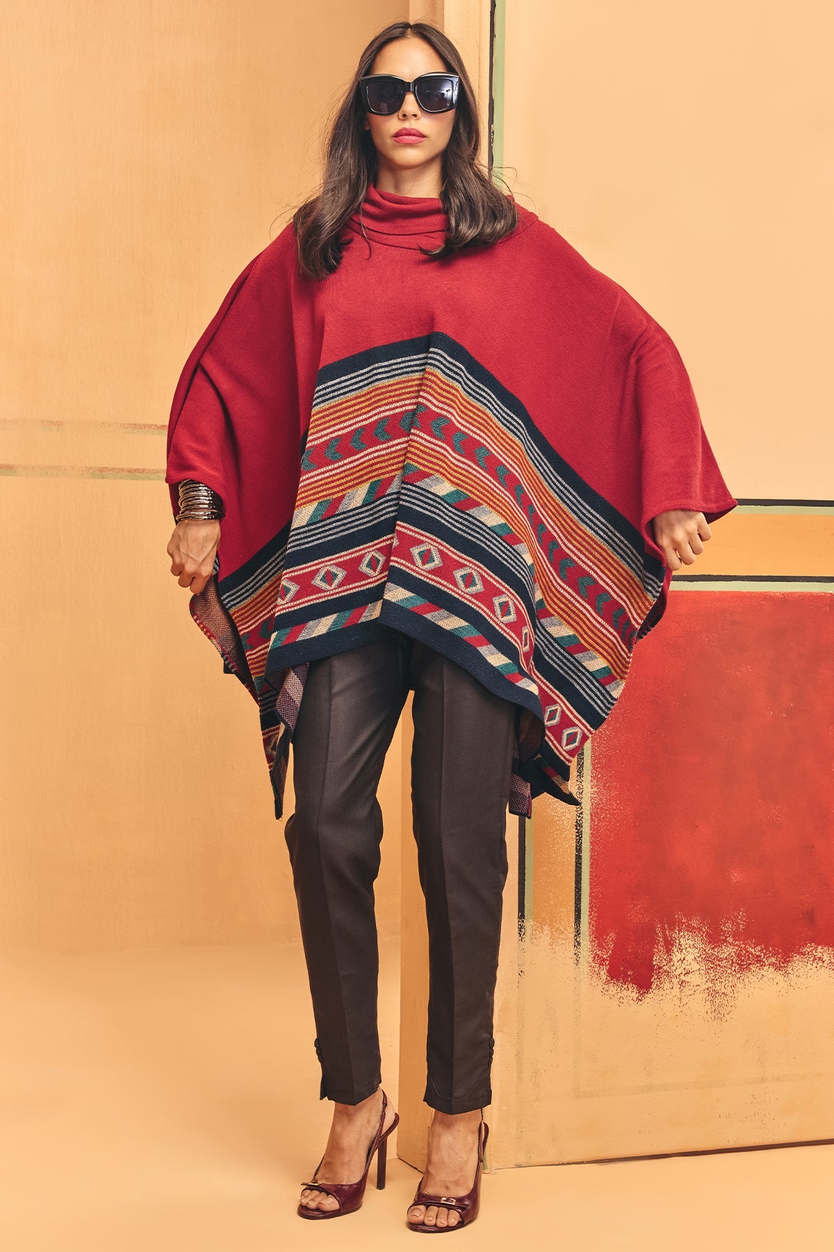 Winter Red Woven Turtleneck Poncho