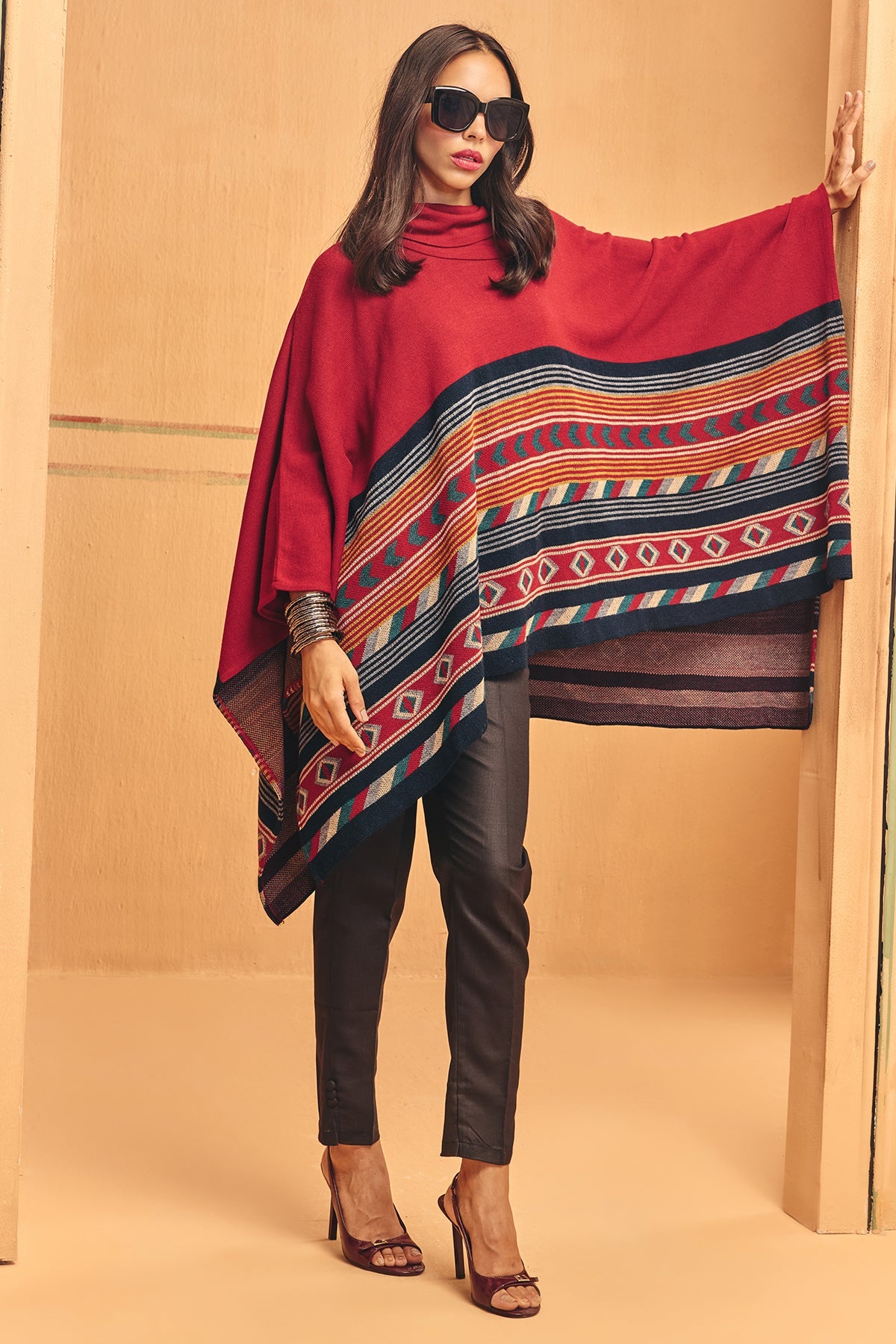 Winter Red Woven Turtleneck Poncho