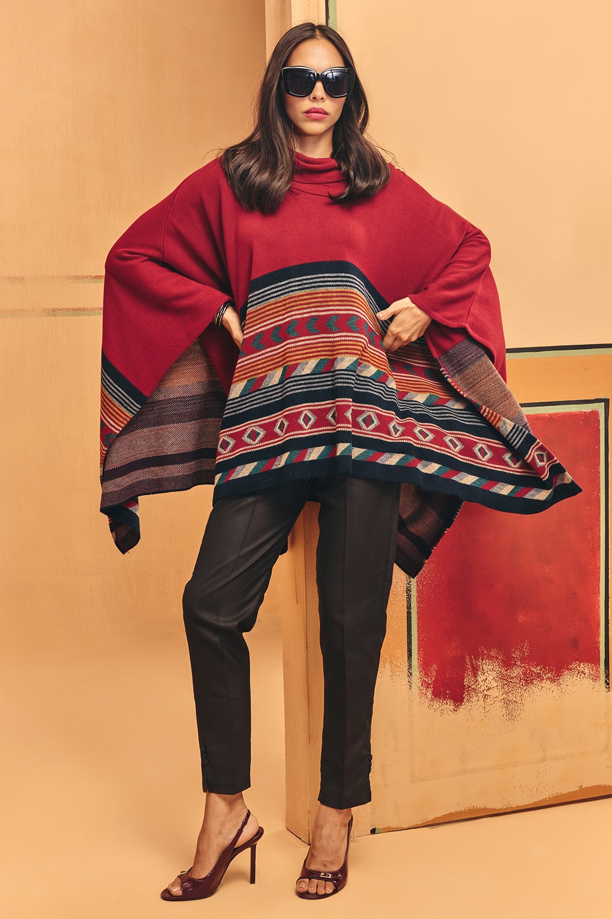 Winter Red Woven Turtleneck Poncho