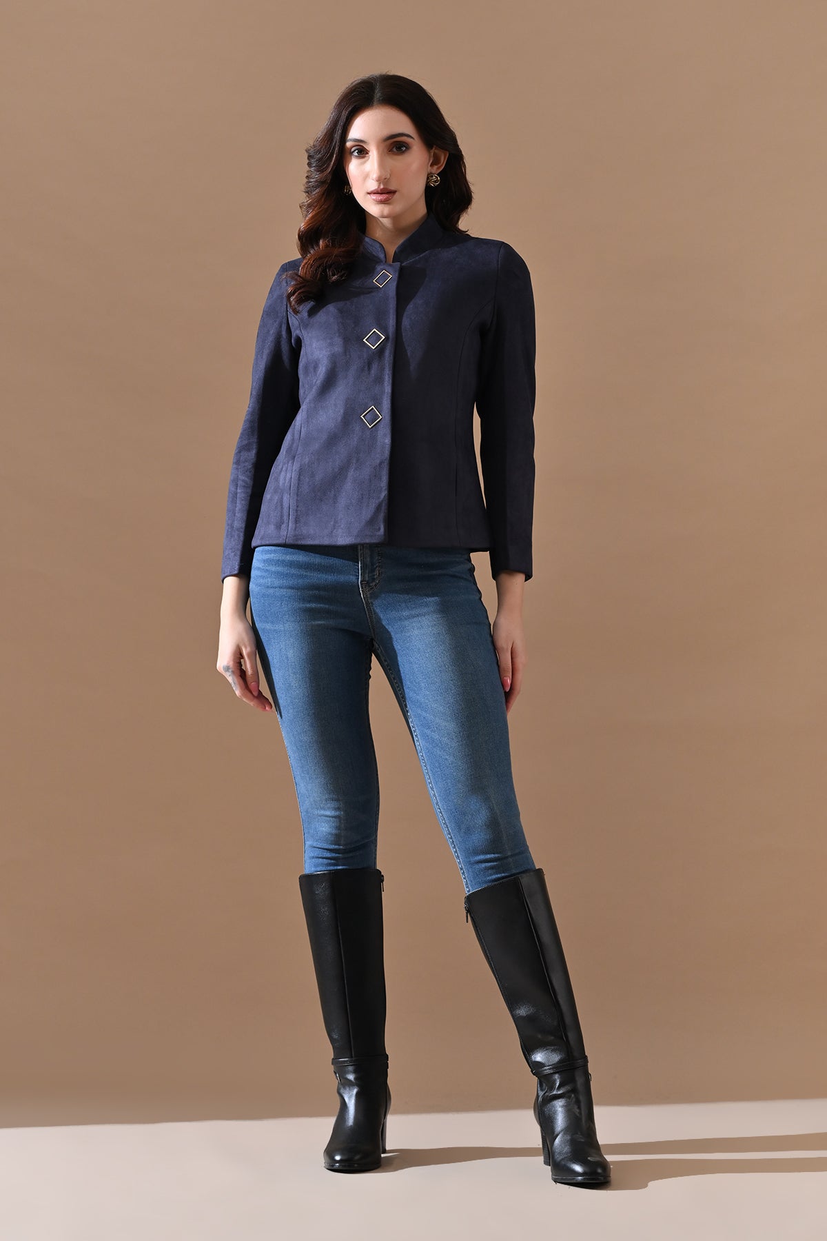 Winter Navy Blue Mandarin Collar Neck Overcoat