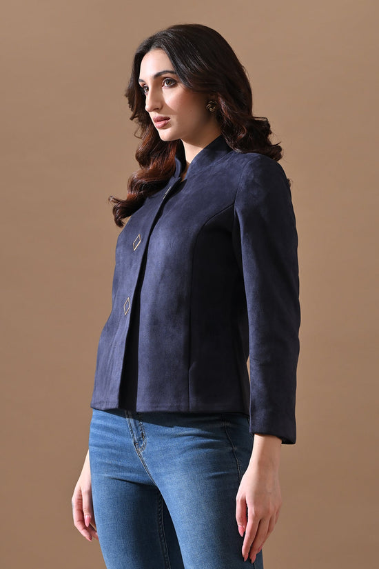 Winter Navy Blue Mandarin Collar Neck Overcoat