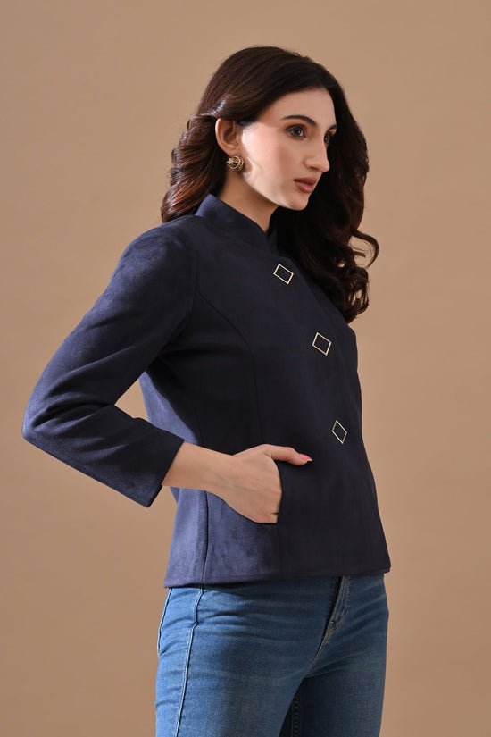 Winter Navy Blue Mandarin Collar Neck Overcoat