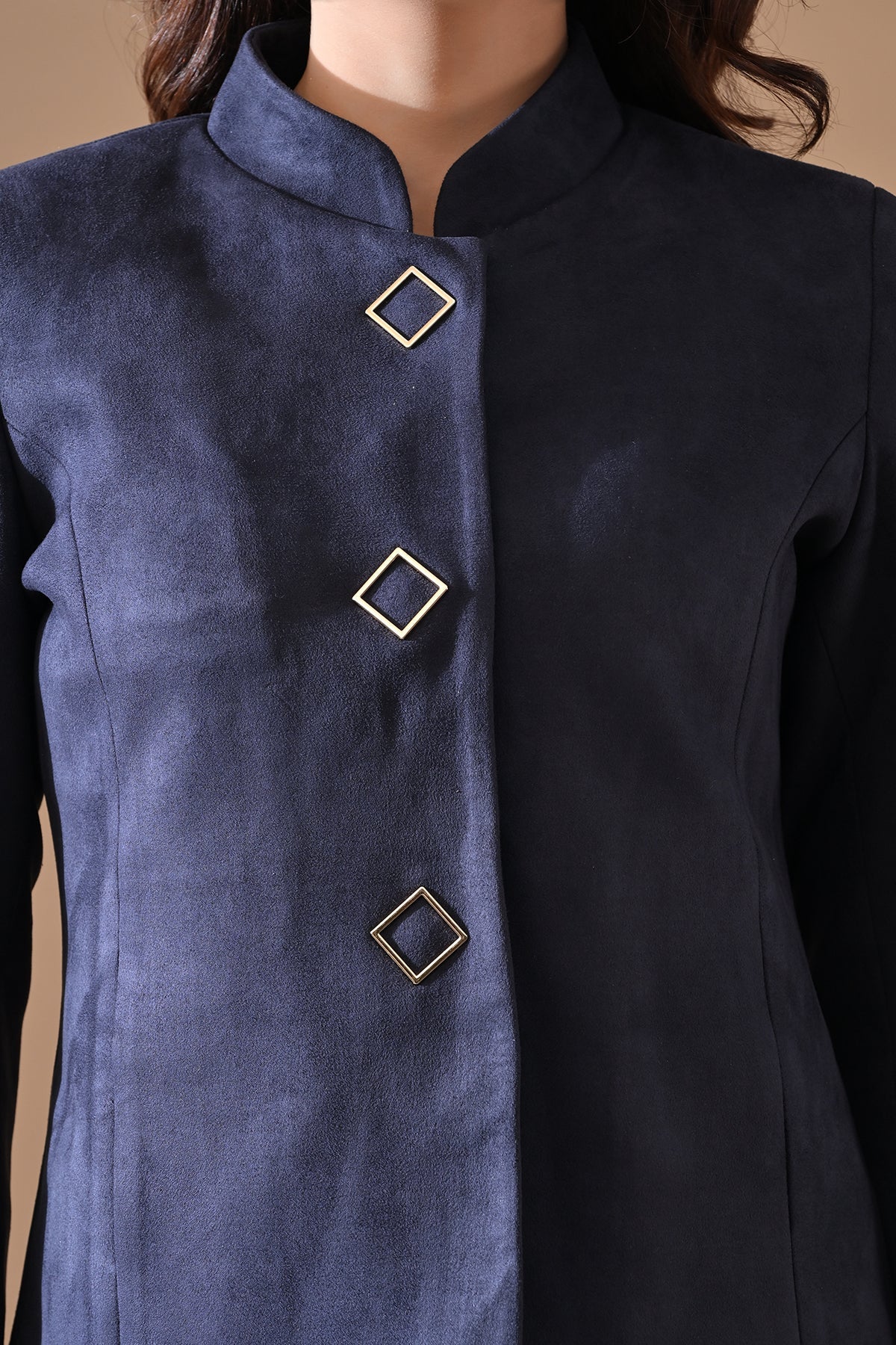 Winter Navy Blue Mandarin Collar Neck Overcoat