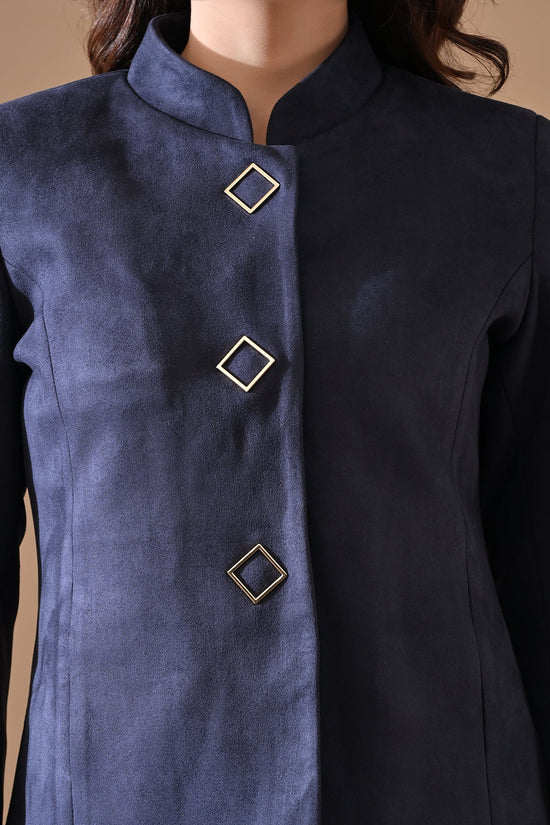 Winter Navy Blue Mandarin Collar Neck Overcoat