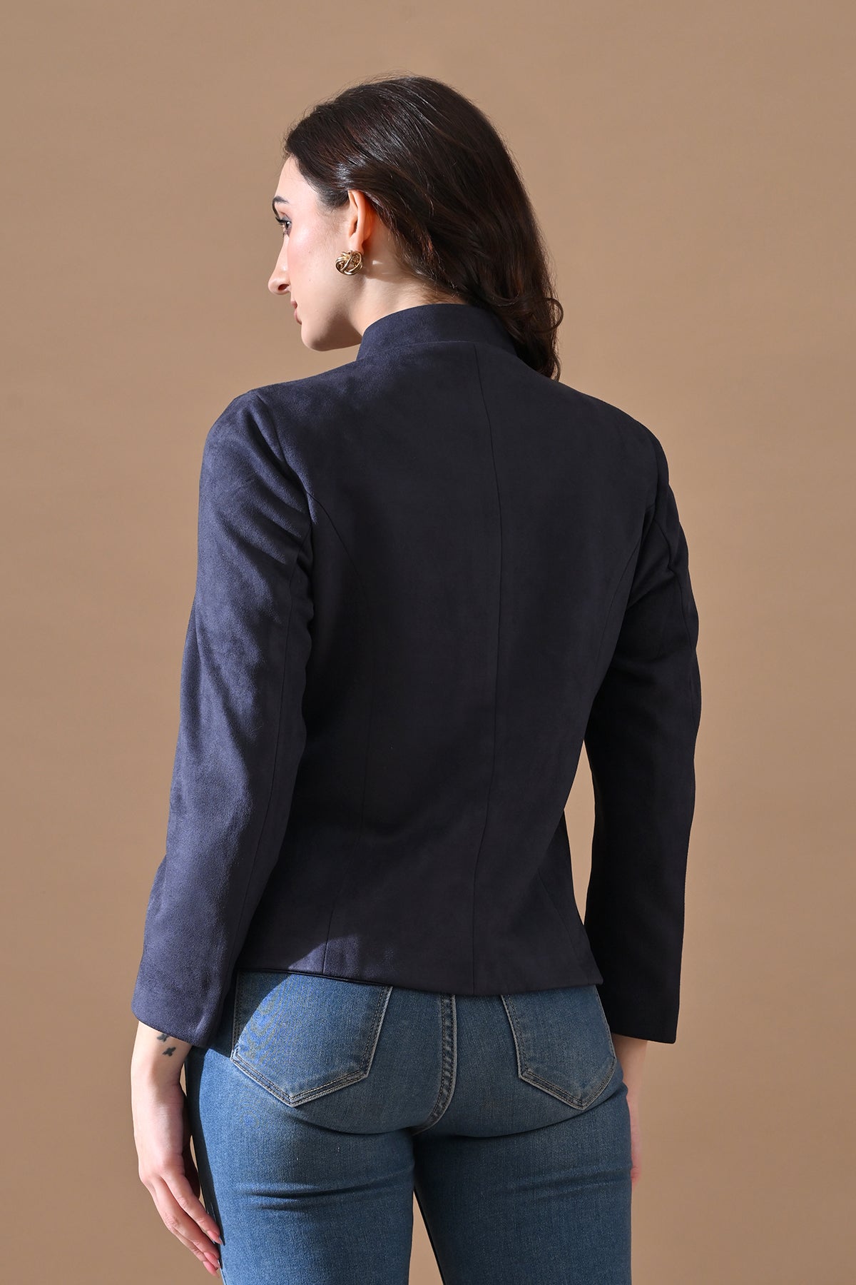 Winter Navy Blue Mandarin Collar Neck Overcoat