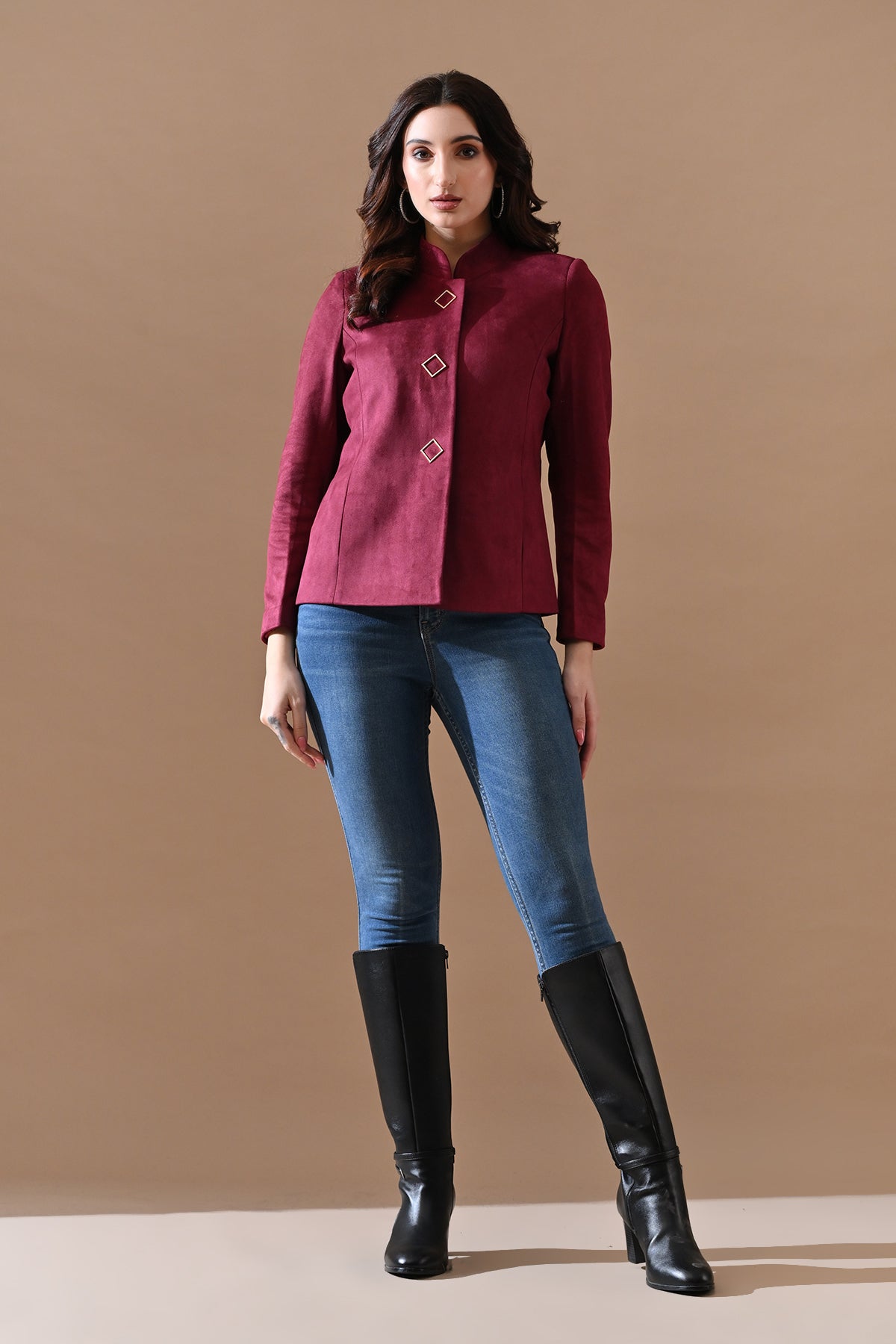 Winter Wine Solid Mandarin Collar Neck Overcoat