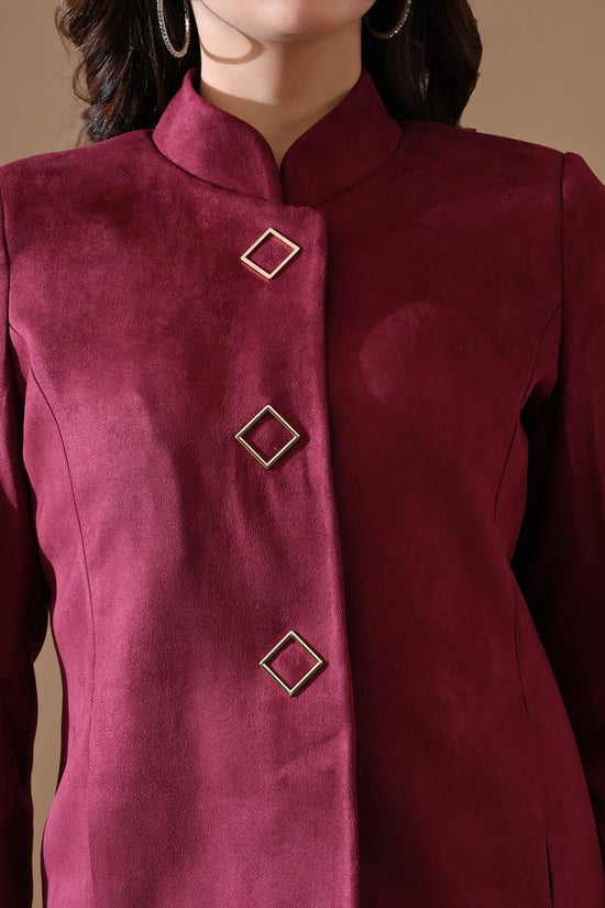 Winter Wine Solid Mandarin Collar Neck Overcoat