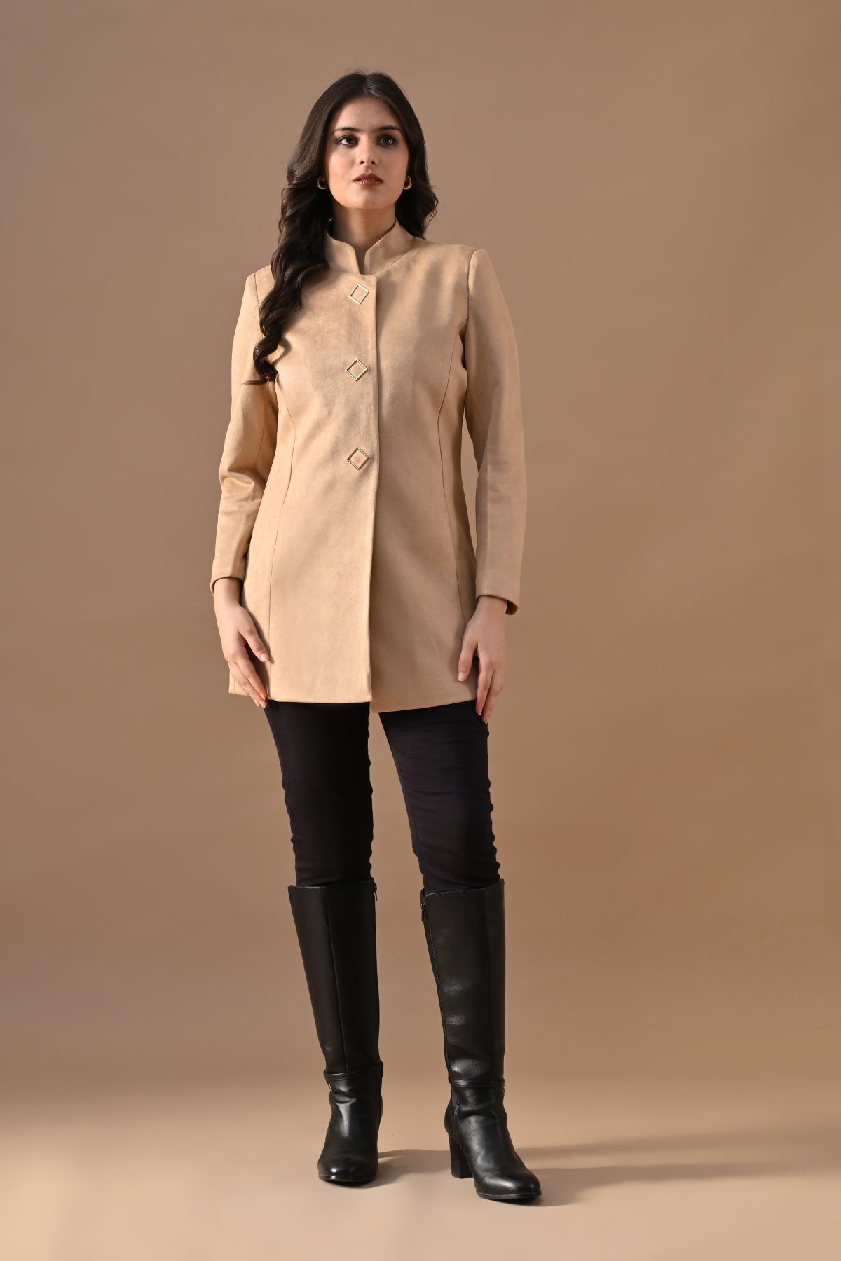 Winter Fawn Mandarin Collar Neck Overcoat