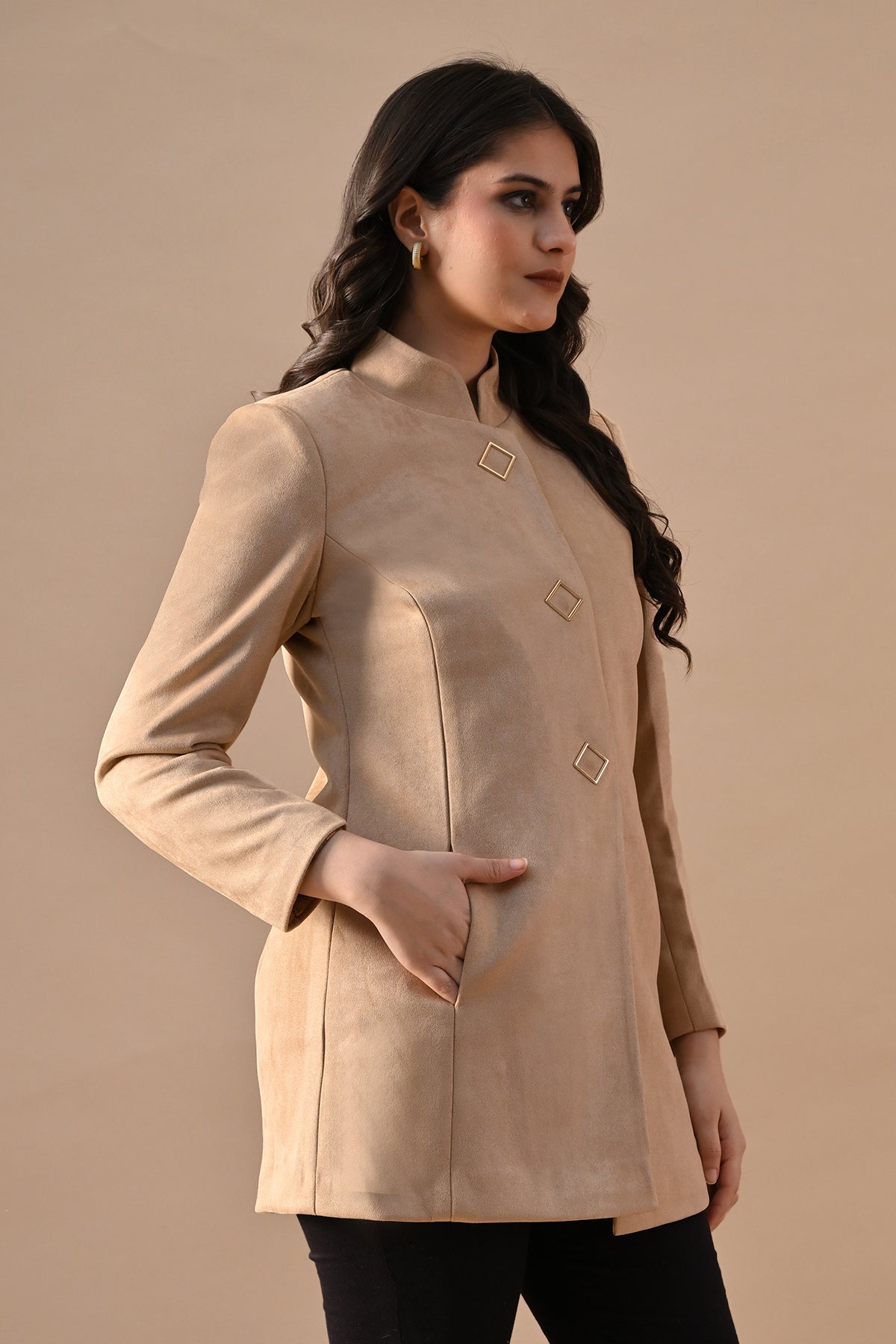 Winter Fawn Mandarin Collar Neck Overcoat