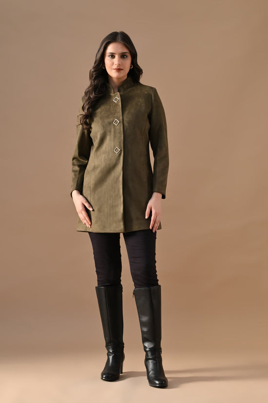 Winter Green Mandarin Collar Neck Overcoat