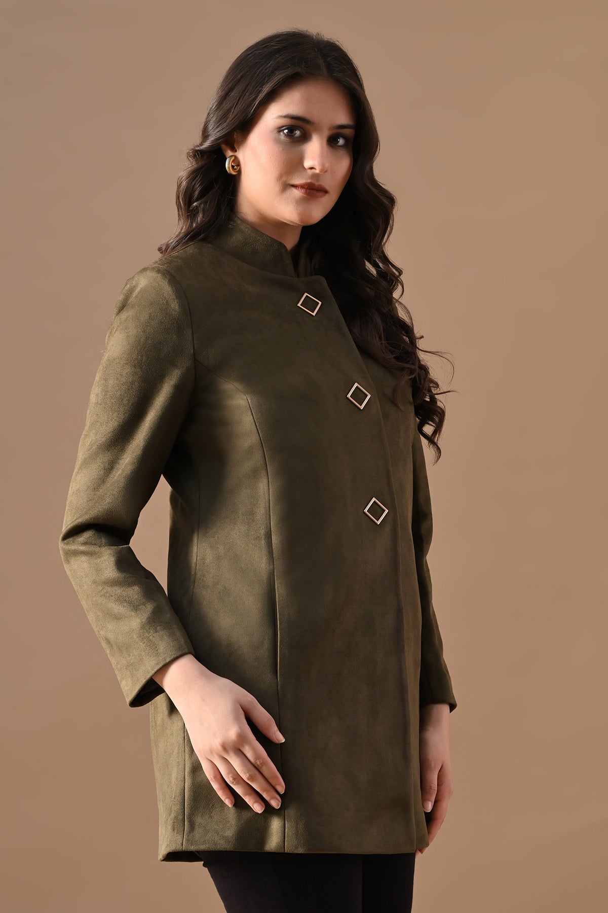 Winter Green Mandarin Collar Neck Overcoat