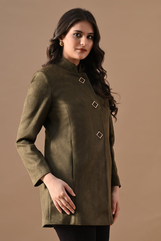 Winter Green Mandarin Collar Neck Overcoat