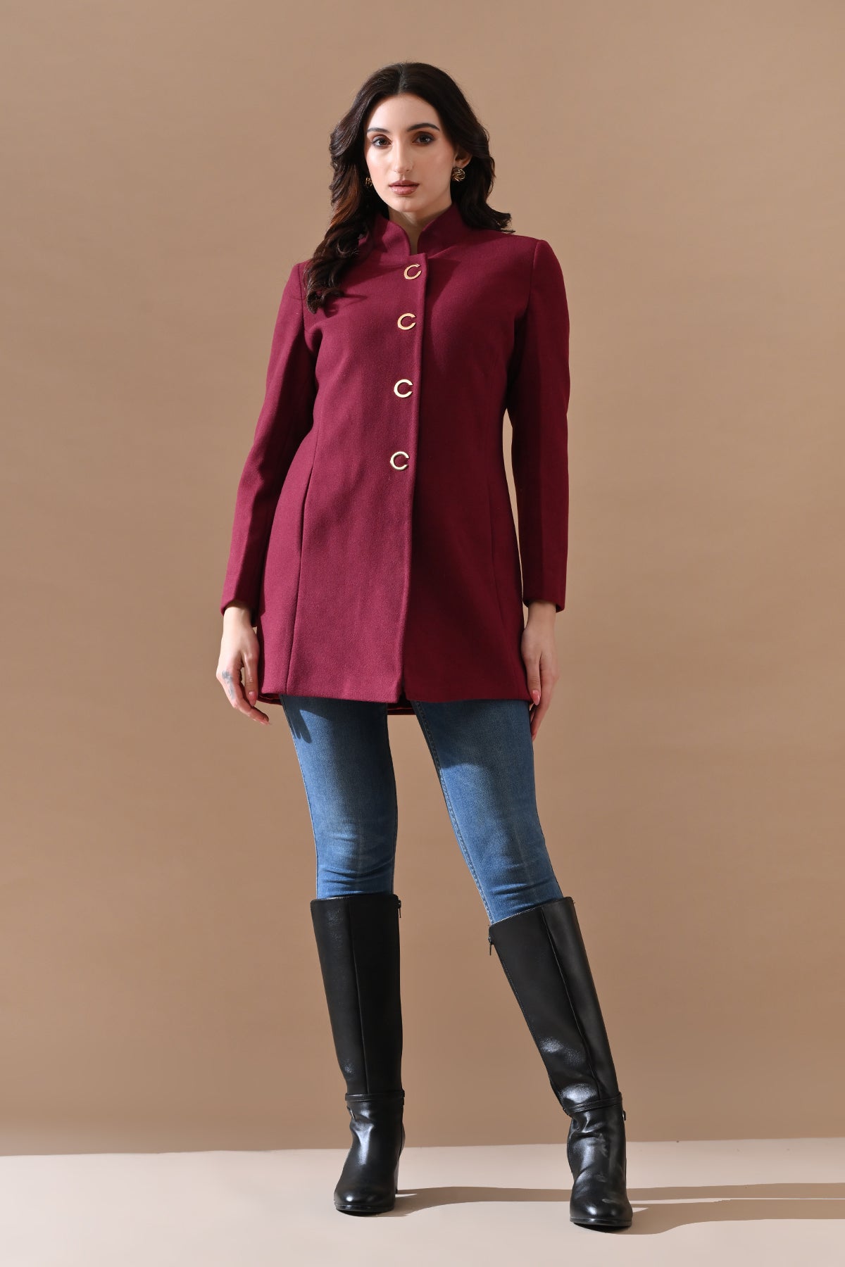 Winter Wine Mandarin Collar Neck Overcoat