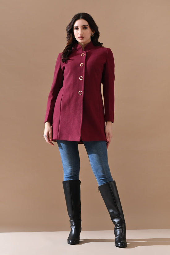 Winter Wine Mandarin Collar Neck Overcoat