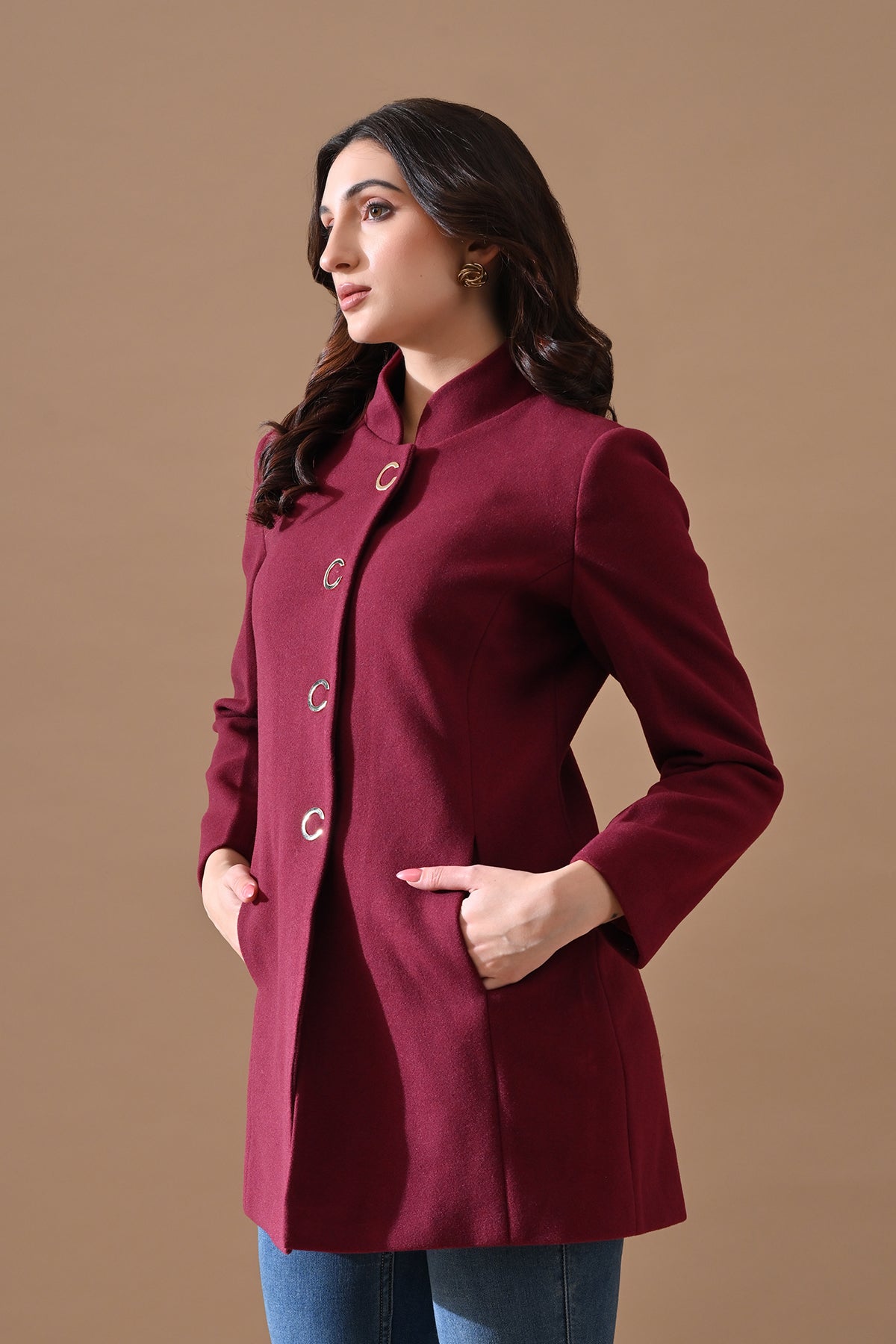 Winter Wine Mandarin Collar Neck Overcoat