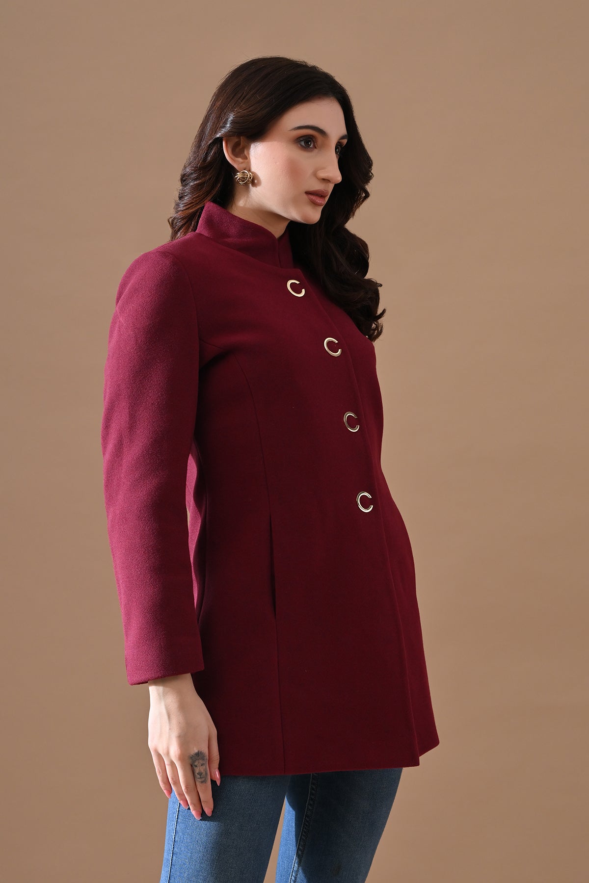 Winter Wine Mandarin Collar Neck Overcoat