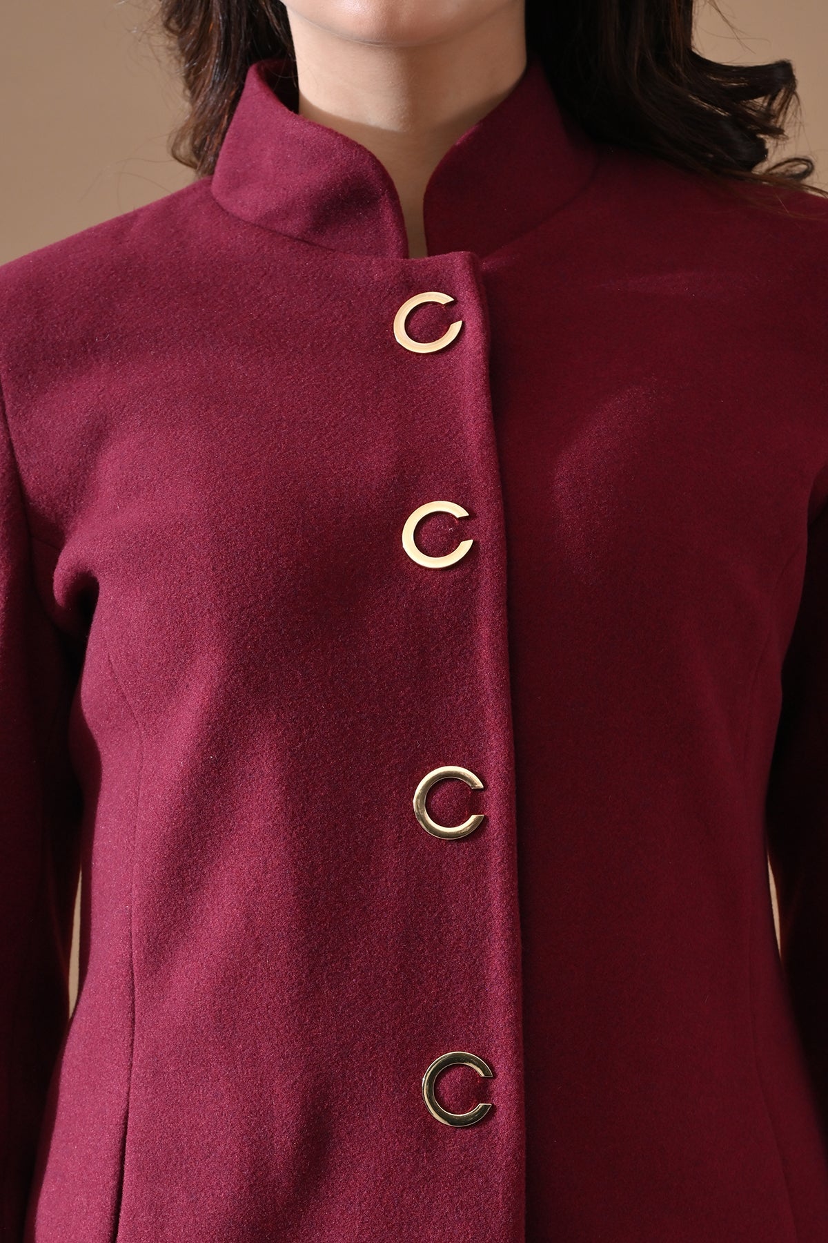 Winter Wine Mandarin Collar Neck Overcoat