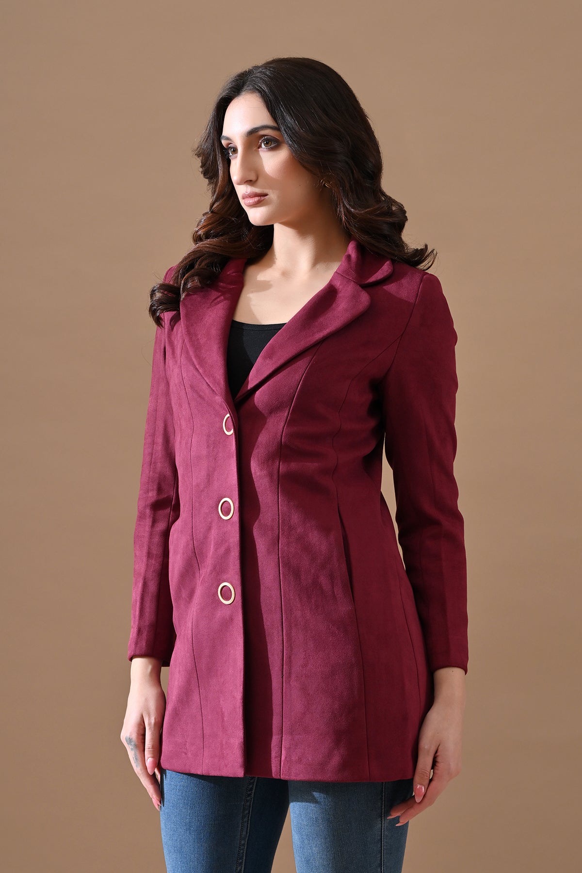 Winter Wine Solid Classic Notch Collar Neck Overcoat
