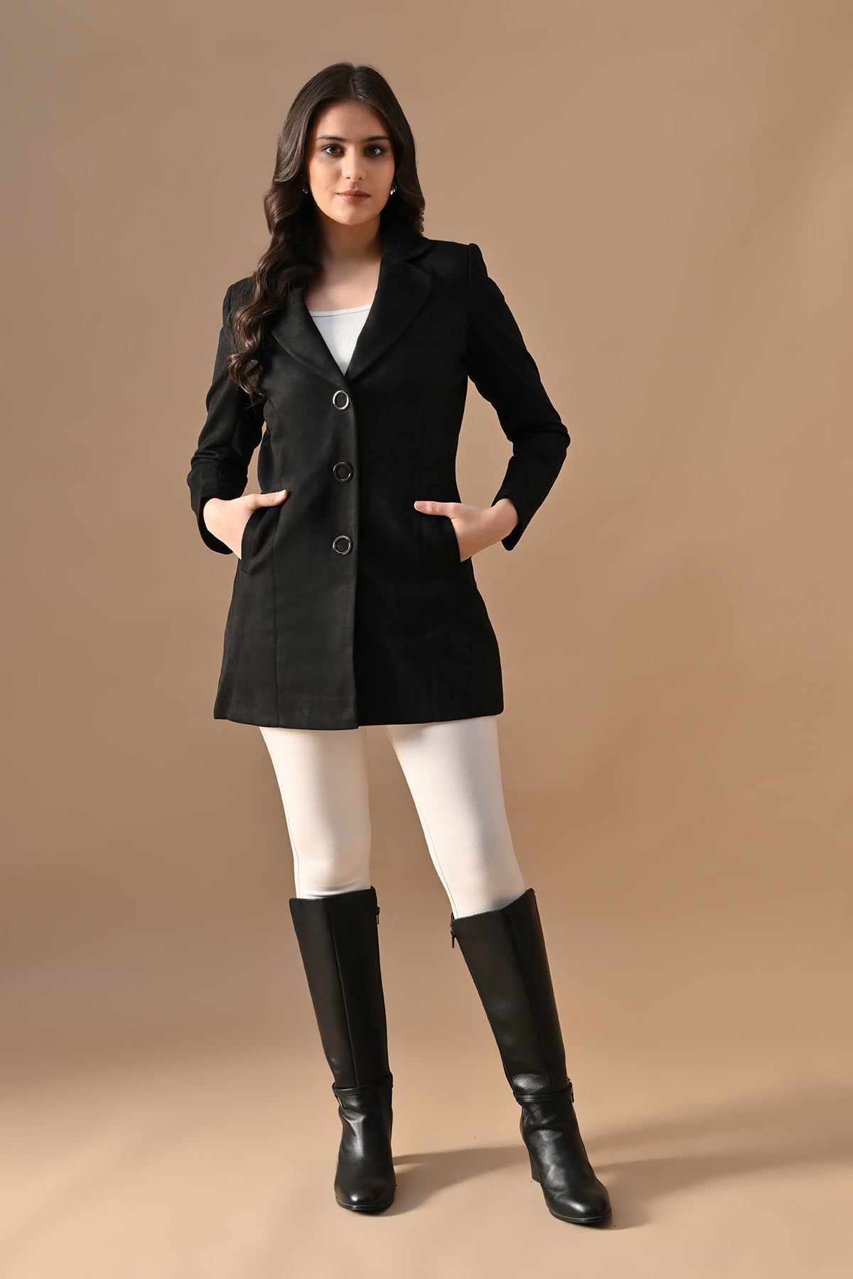 Winter Black Classic Notch Collar Neck Overcoat
