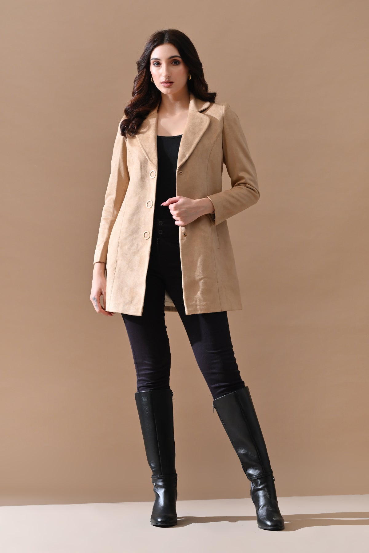 Winter Fawn Solid Classic Notch Collar Neck Overcoat