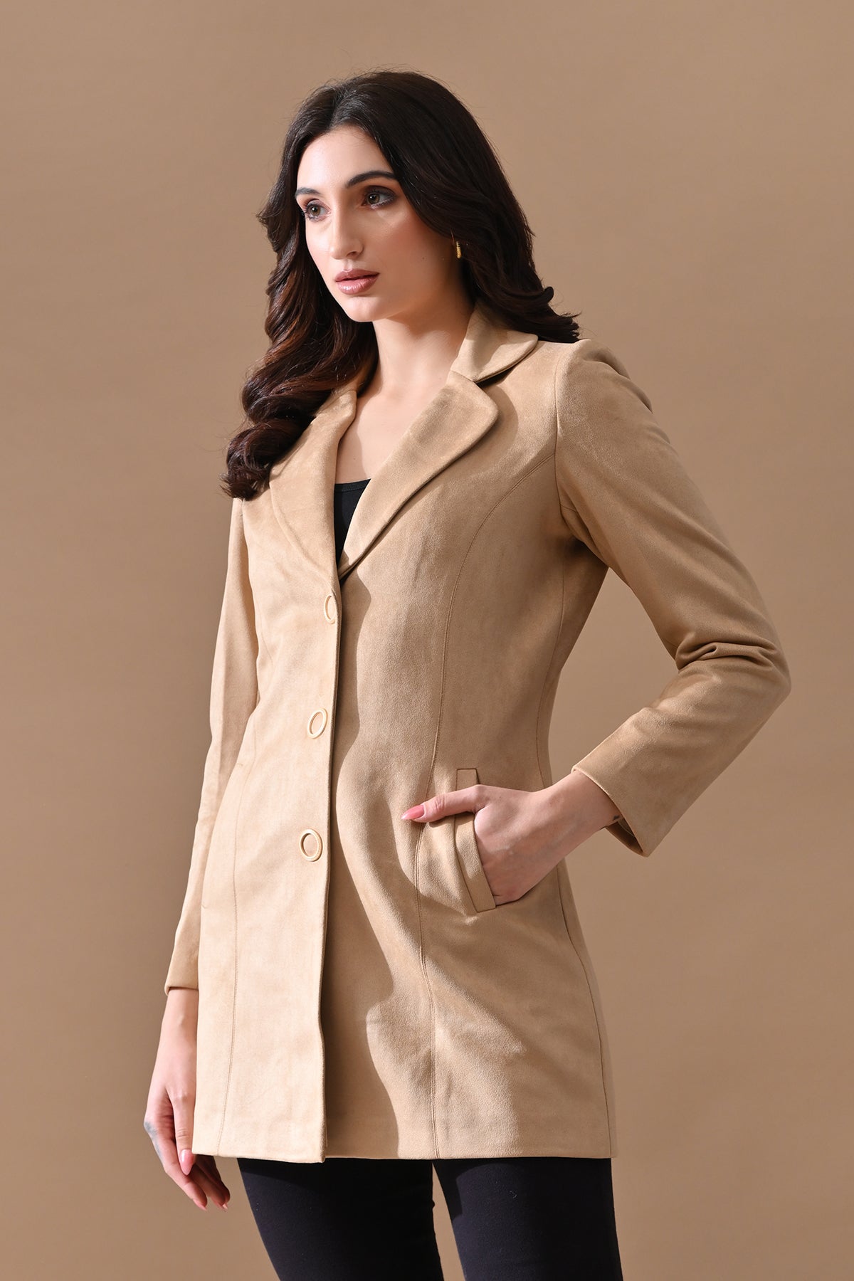 Winter Fawn Solid Classic Notch Collar Neck Overcoat