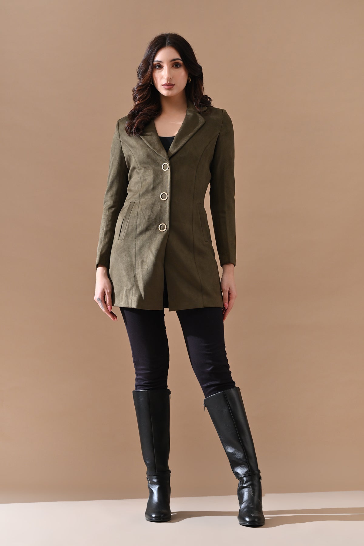 Winter Green Solid Classic Notch Collar Neck Overcoat