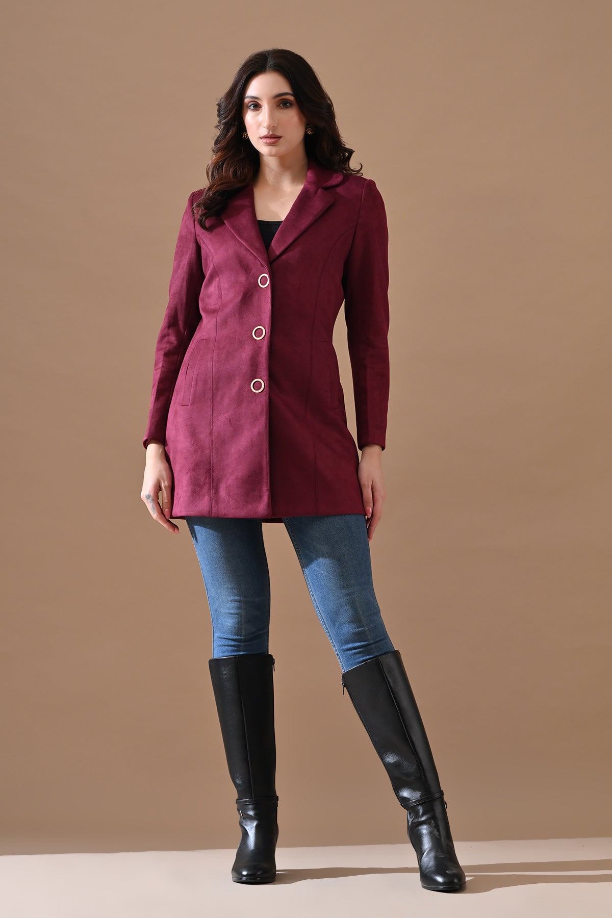 Winter Wine Solid Classic Notch Collar Neck Overcoat