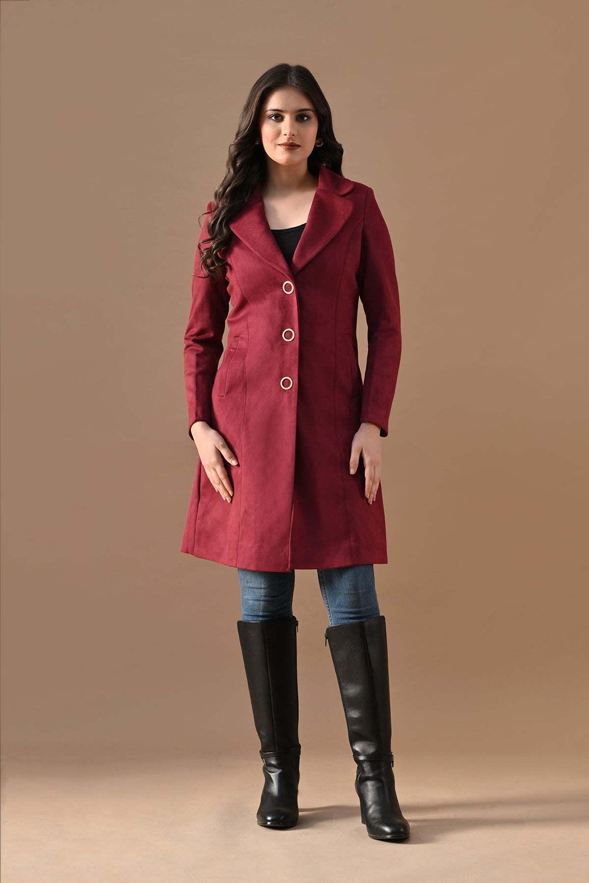 Winter Wine Solid Classic Notch Collar Neck Overcoat