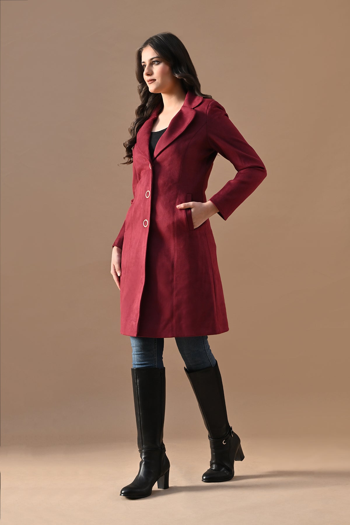 Winter Wine Solid Classic Notch Collar Neck Overcoat