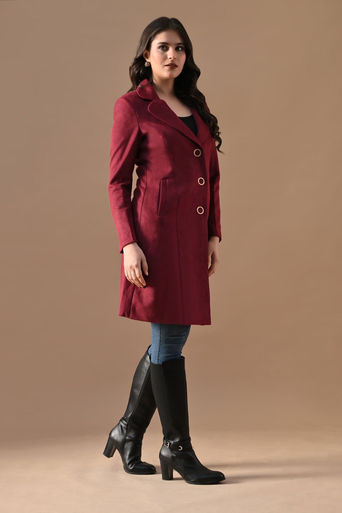 Winter Wine Solid Classic Notch Collar Neck Overcoat