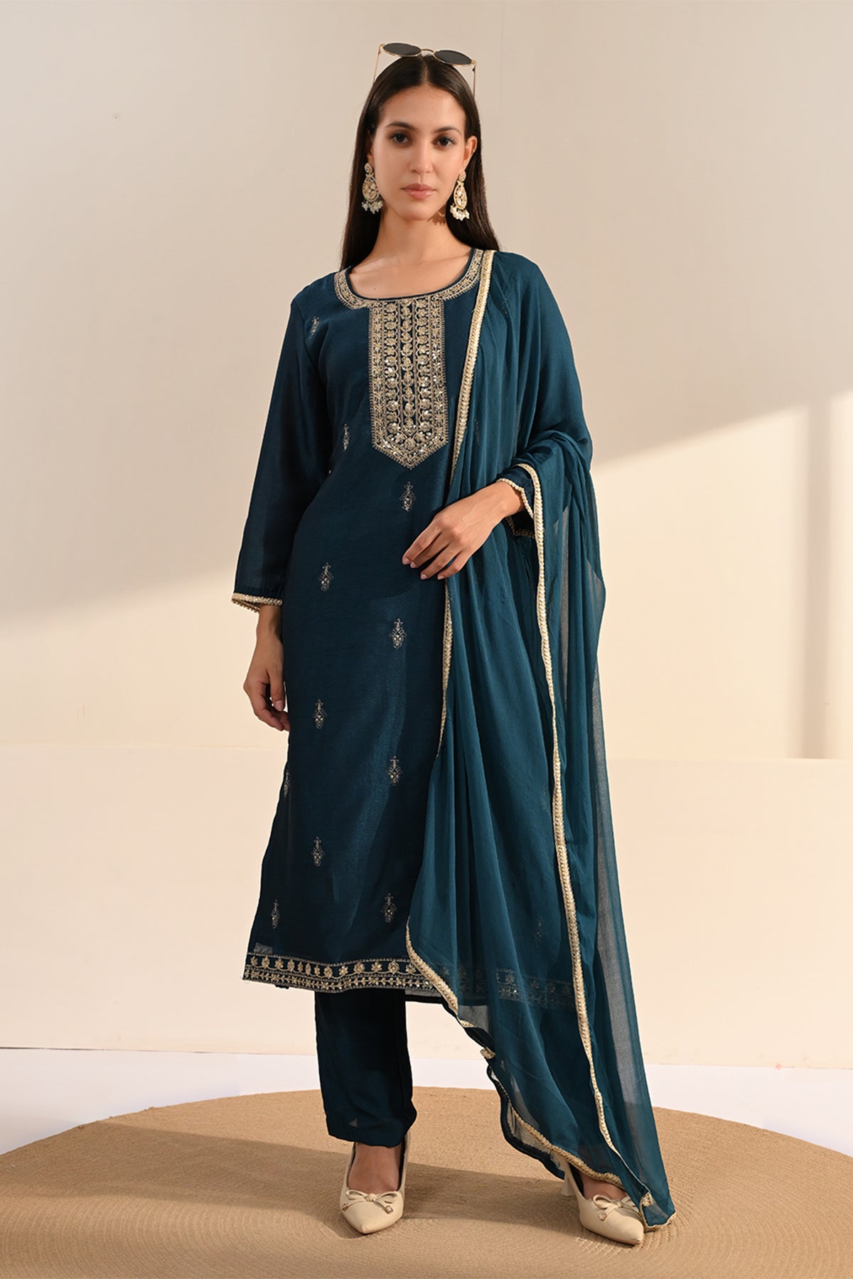 Navy Blue Sequin & Zari Embroidered Kurta 3 Pcs Set