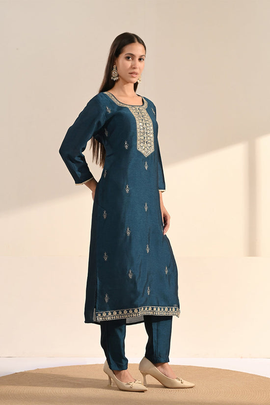 Navy Blue Sequin & Zari Embroidered Kurta 3 Pcs Set
