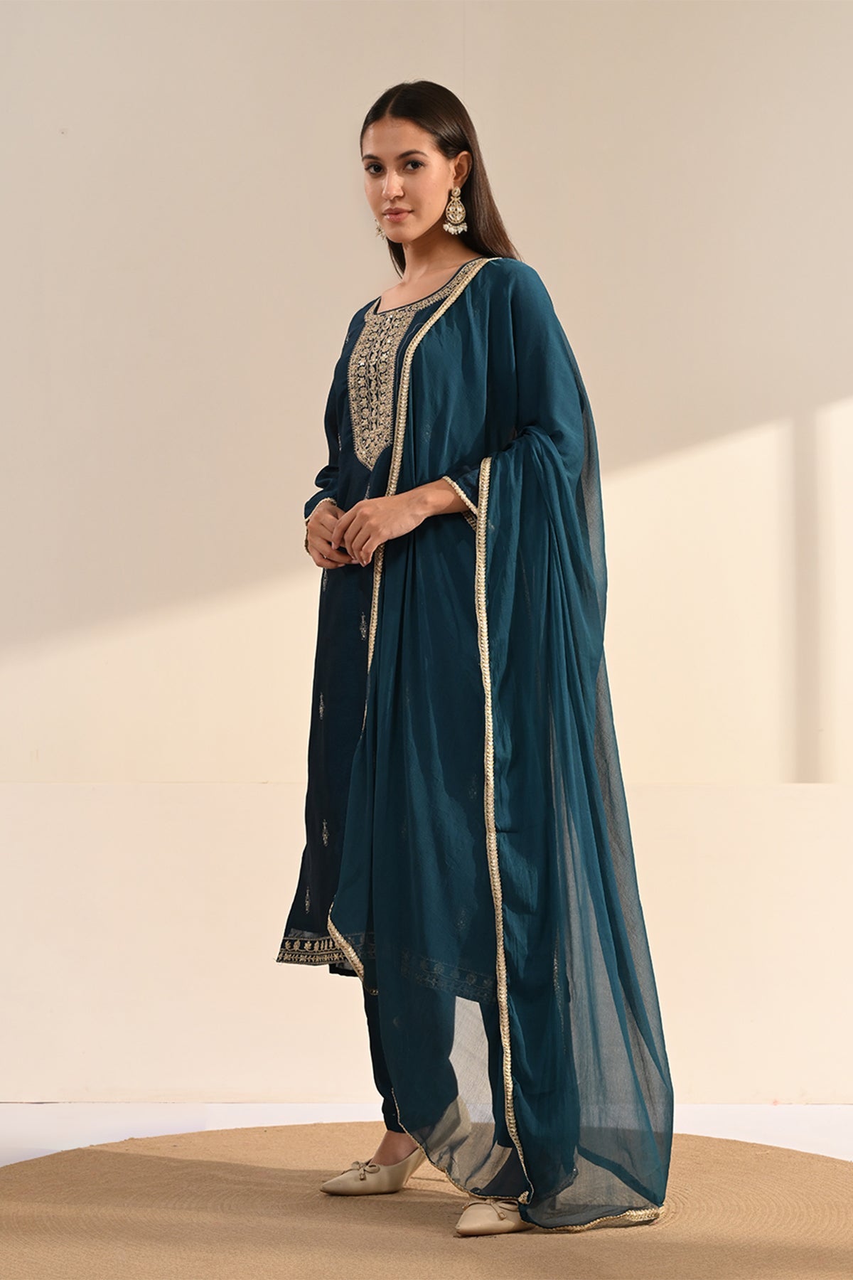 Navy Blue Sequin & Zari Embroidered Kurta 3 Pcs Set