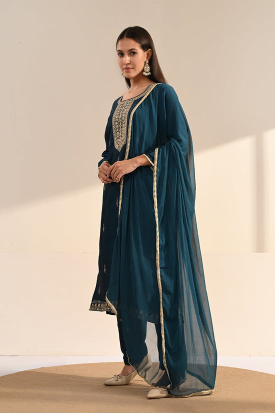Navy Blue Sequin & Zari Embroidered Kurta 3 Pcs Set