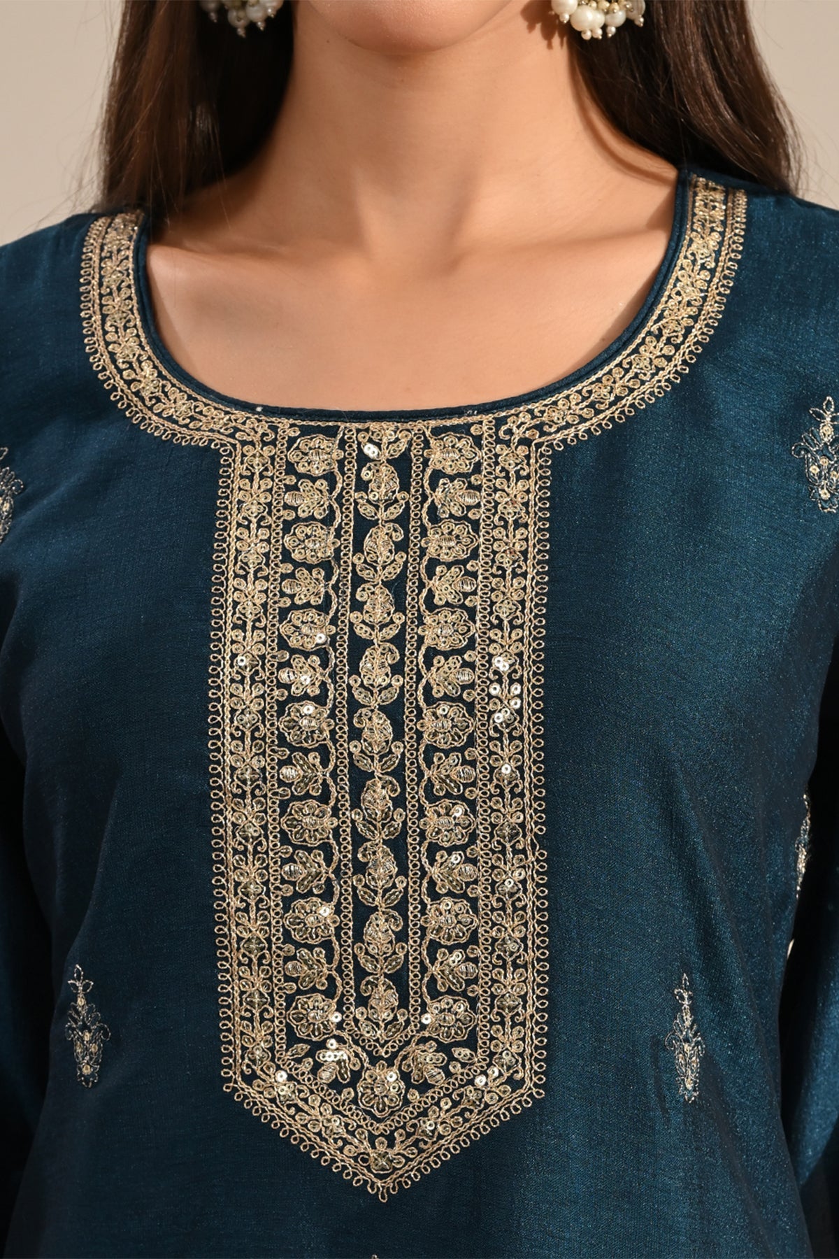 Navy Blue Sequin & Zari Embroidered Kurta 3 Pcs Set