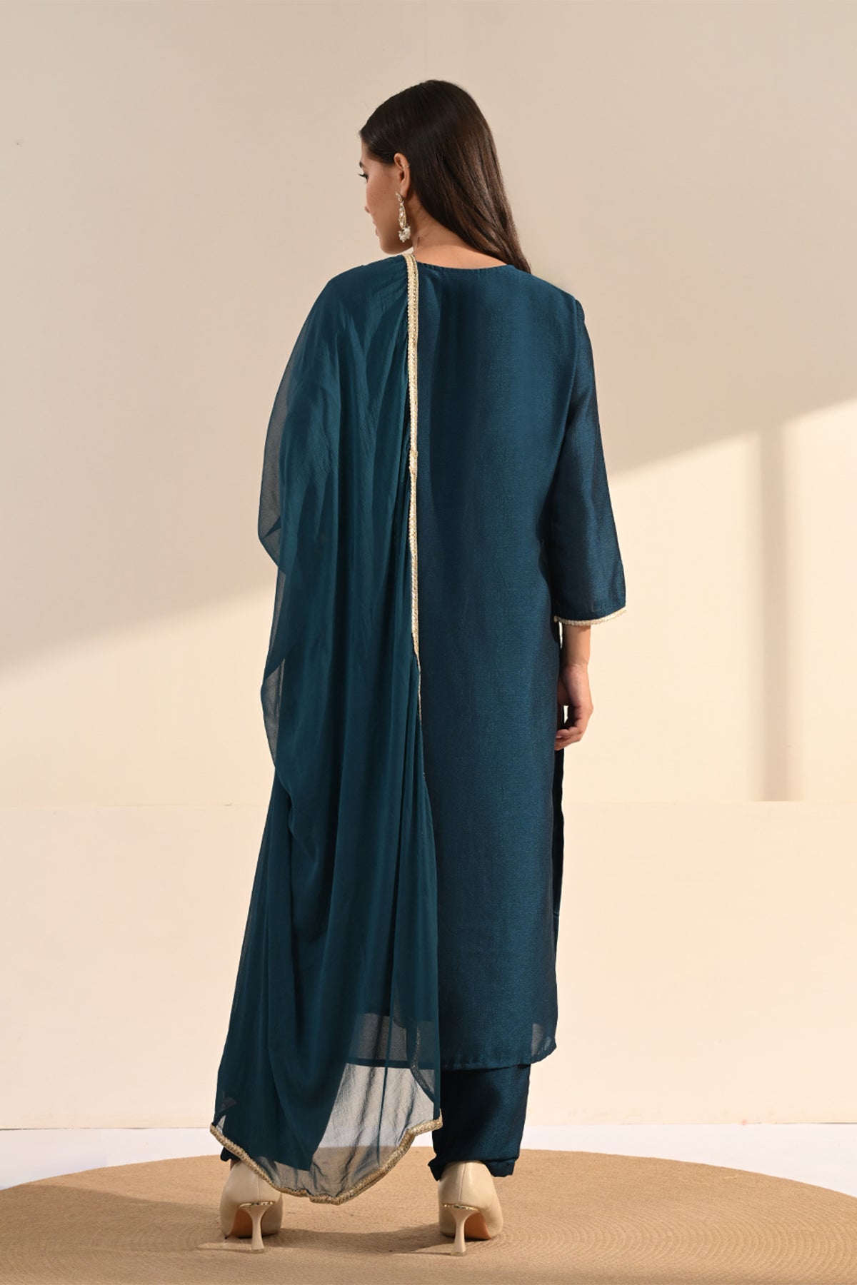 Navy Blue Sequin & Zari Embroidered Kurta 3 Pcs Set