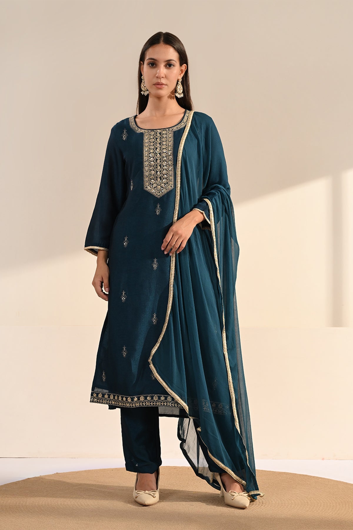 Navy Blue Sequin & Zari Embroidered Kurta 3 Pcs Set