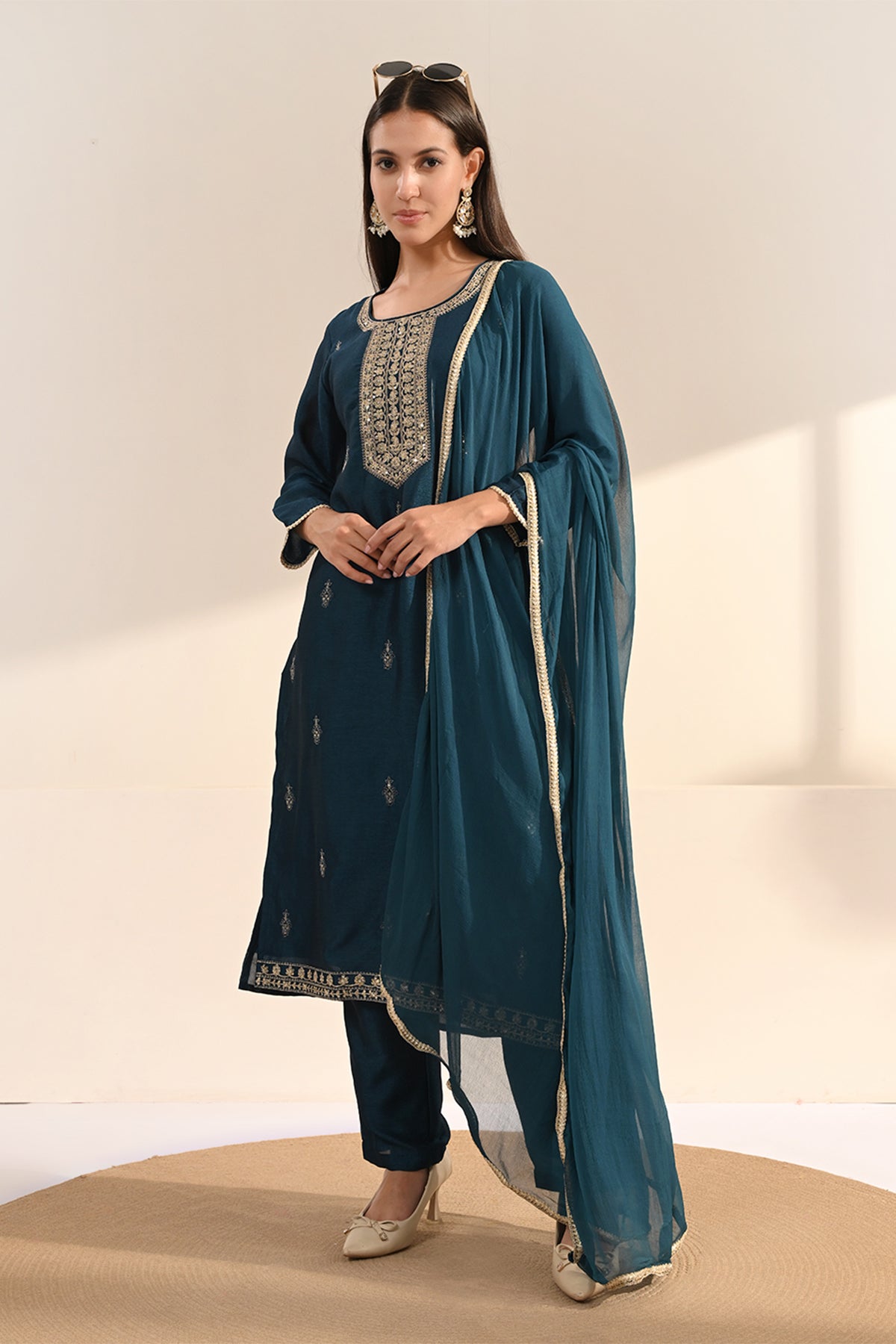 Navy Blue Sequin & Zari Embroidered Kurta 3 Pcs Set