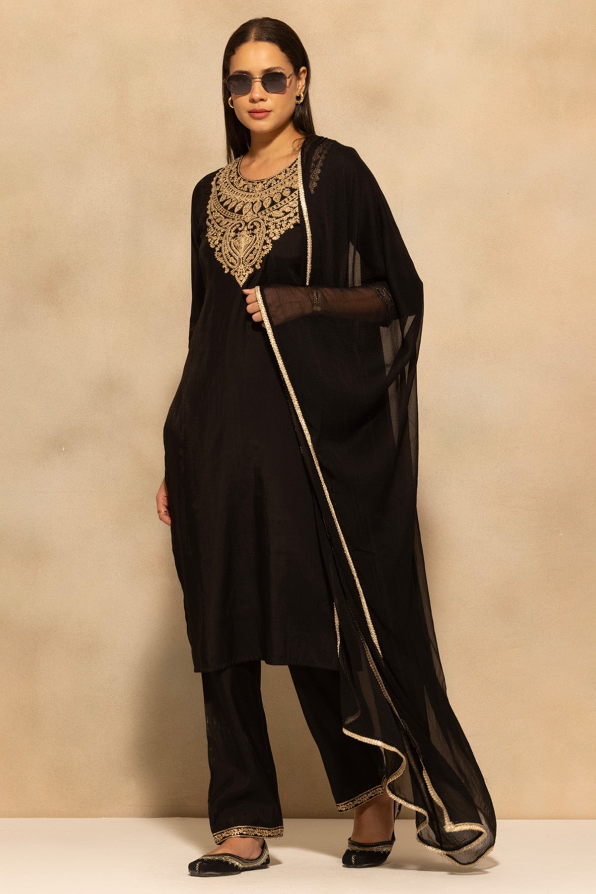 Black Metallic Zari Embroidered Kurta 3 Pcs Set