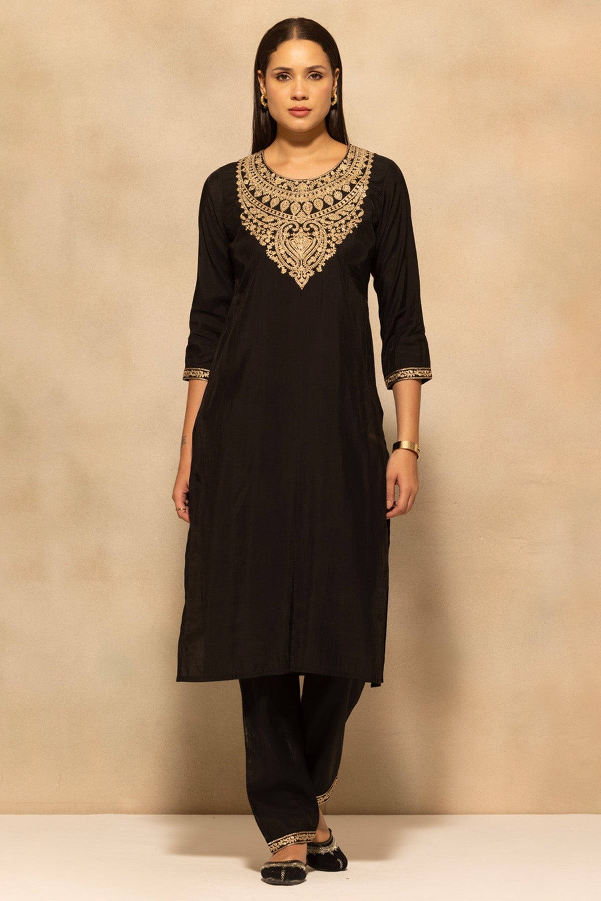 Black Metallic Zari Embroidered Kurta 3 Pcs Set