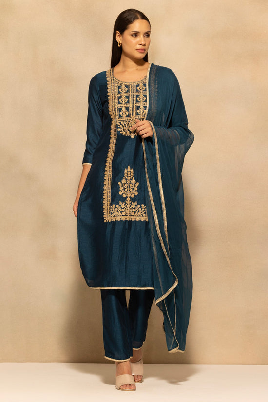 Teal Blue Embroidered Kurta 3 Pcs Set