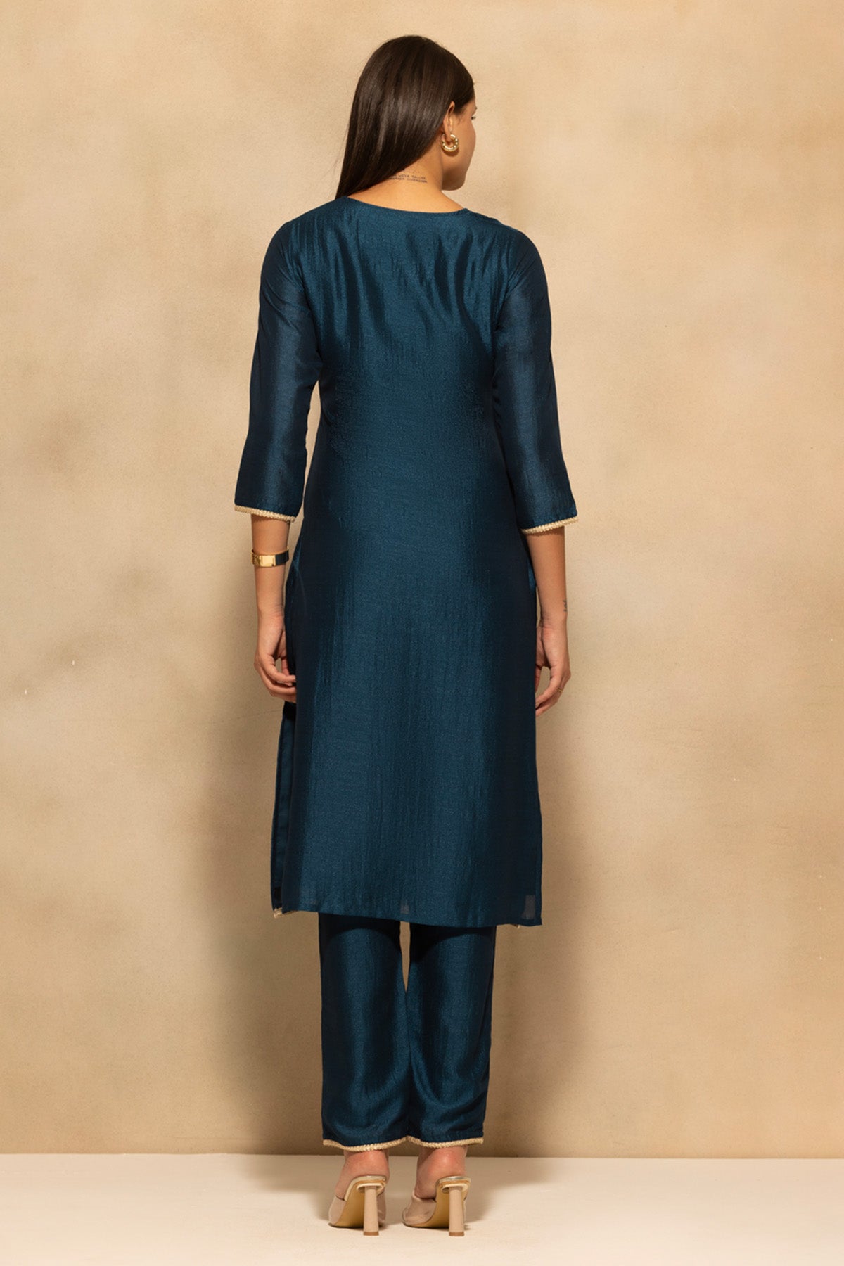 Teal Blue Embroidered Kurta 3 Pcs Set